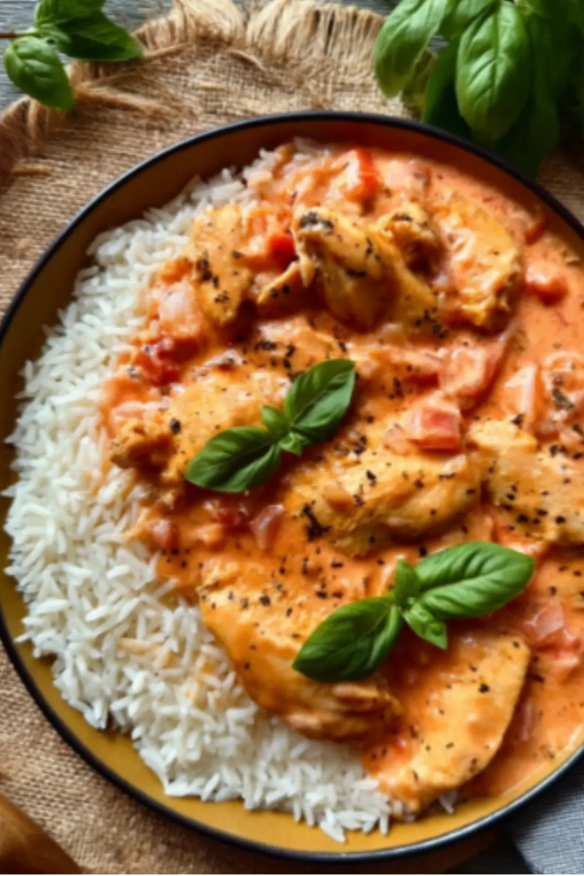 Hähnchen mit Reis und Tomatensoße