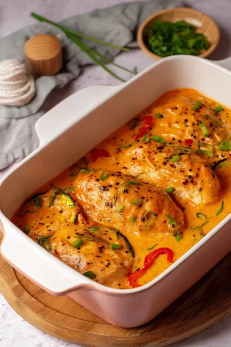 Hähnchenbrust in Frischkäsesoße mit Paprika und Zucchini aus dem Ofen