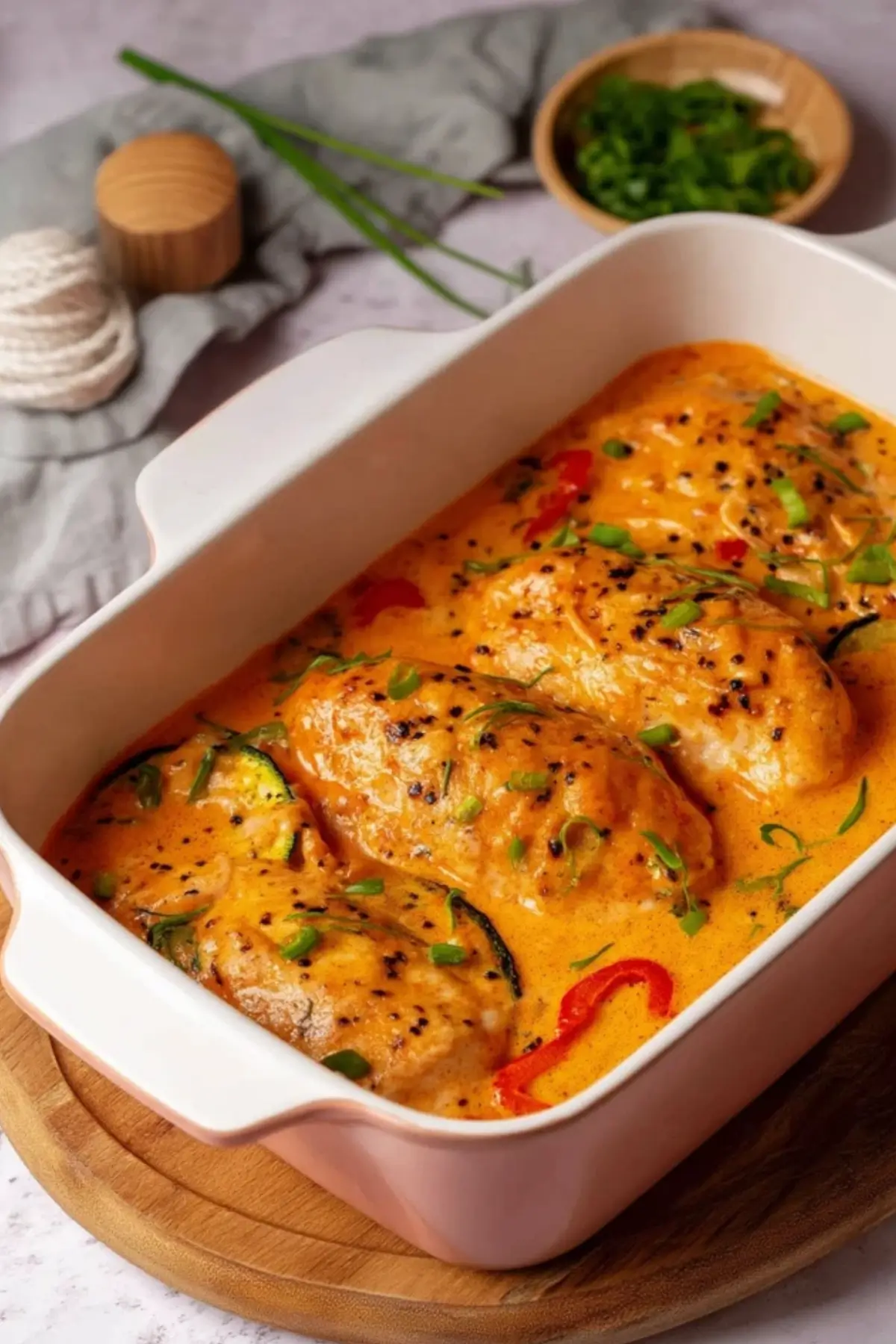Hähnchenbrust in Frischkäsesoße mit Paprika und Zucchini aus dem Ofen