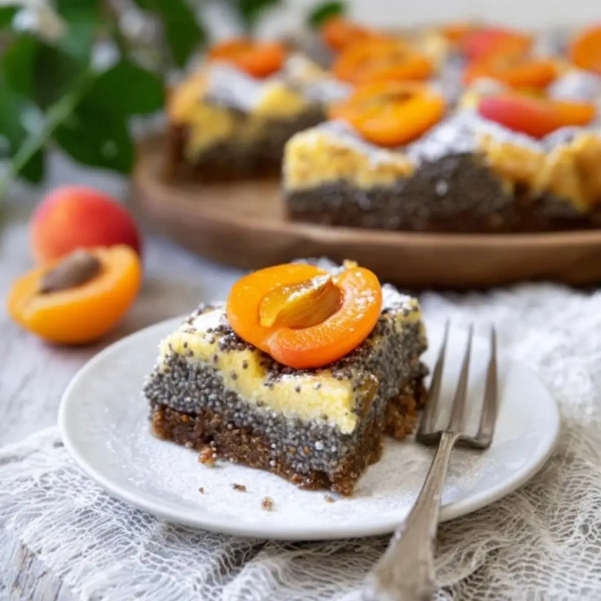 Mohn Topfengitter Kuchen mit Marillen