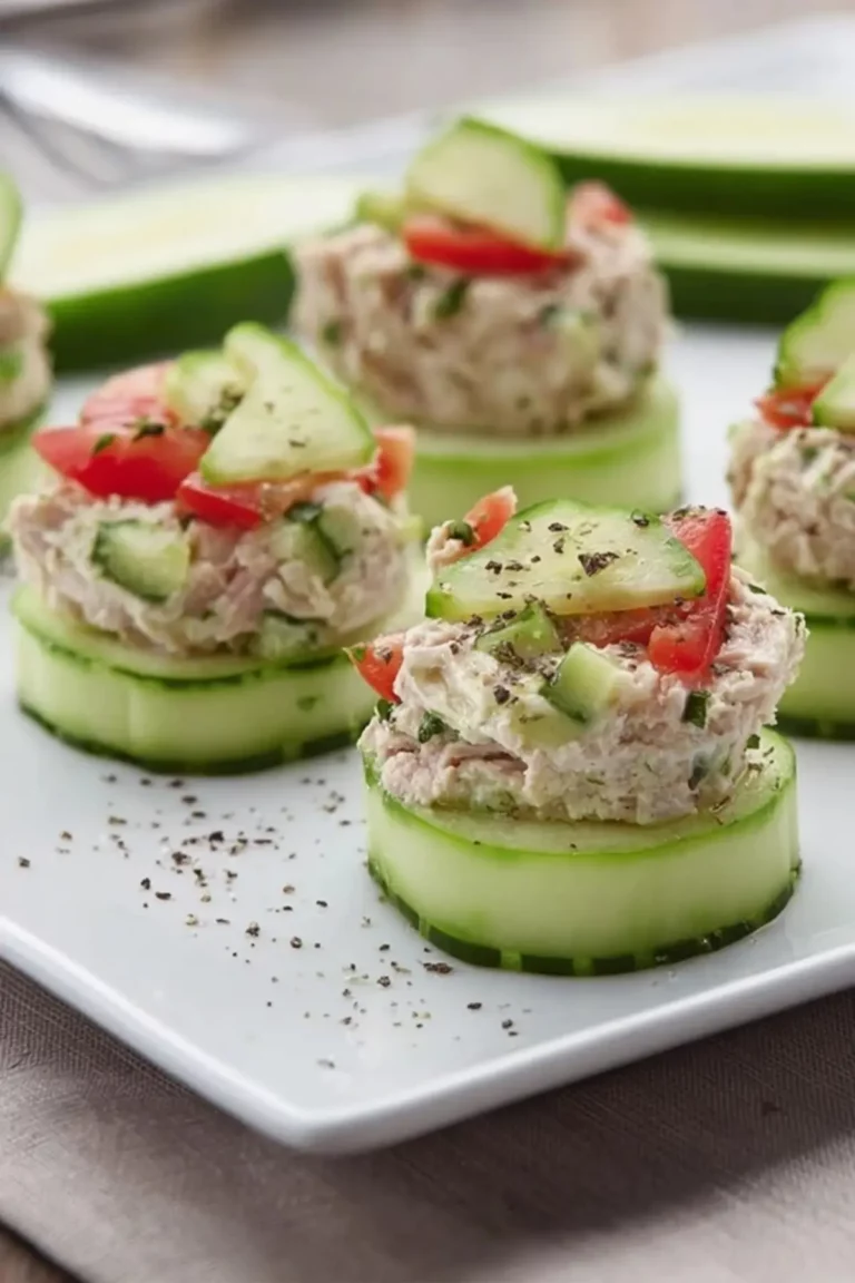 Thunfisch-Häppchen mit Gurke auf einer dekorativen Platte