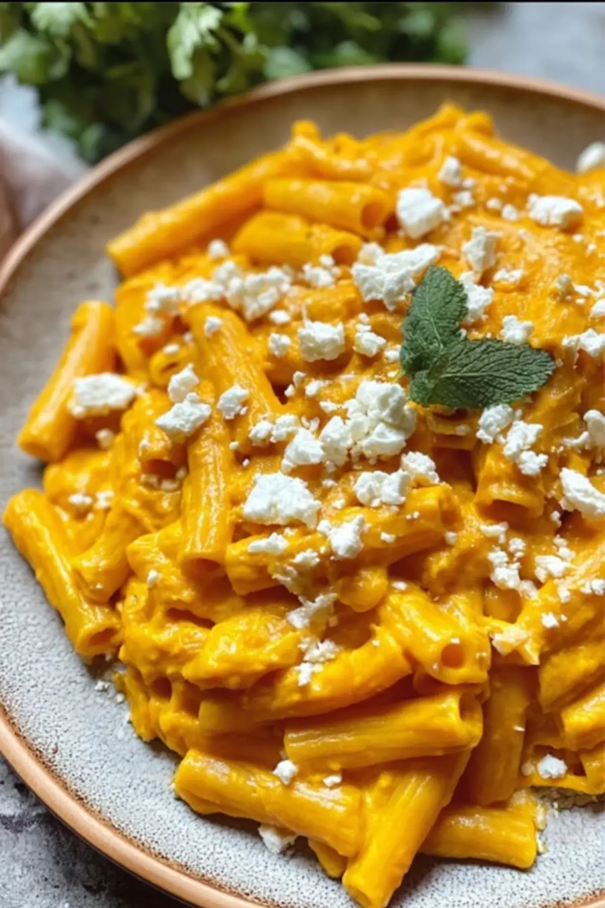 Pasta mit Kürbissoße und Feta