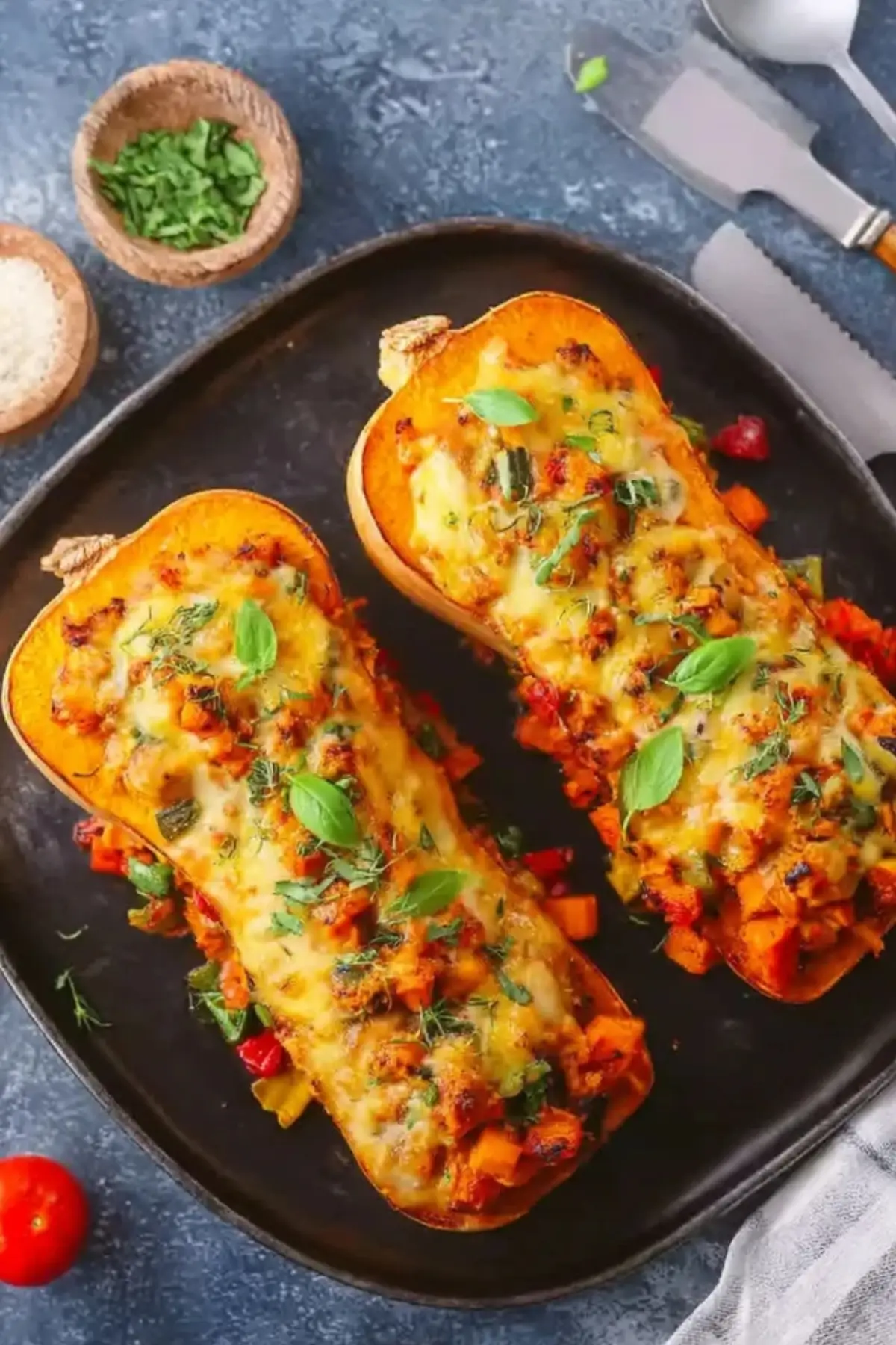 vegane gefüllte Butternutkürbis aus dem Ofen