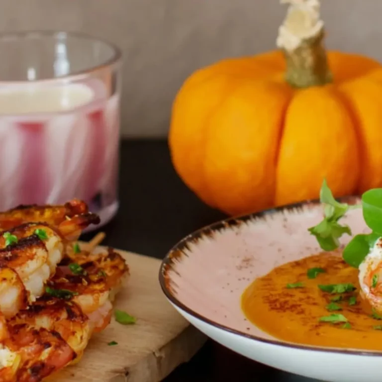 Kürbis-Ziegenkäse-Süppchen mit Garnelenspießen