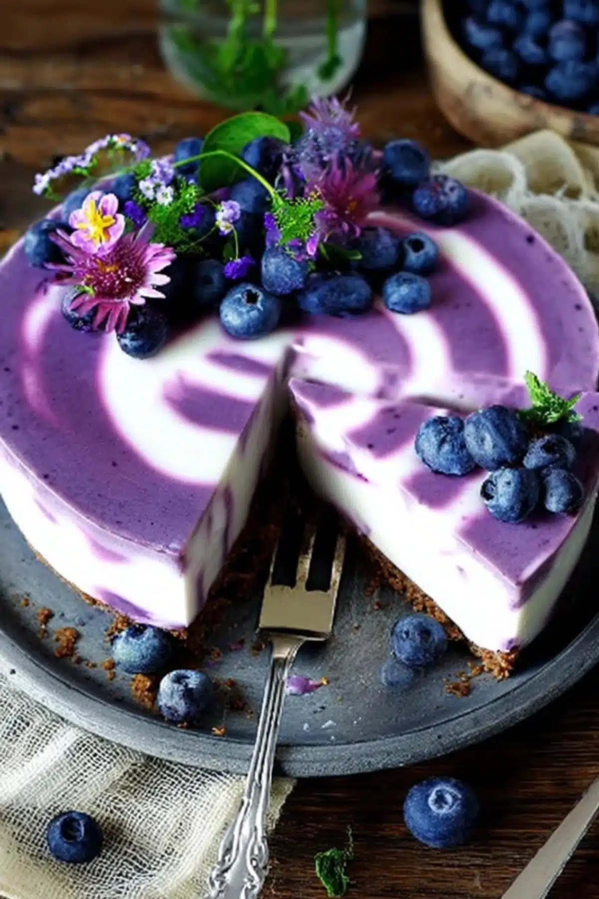 No bake-Cheesecake mit Heidelbeeren und Bröselboden