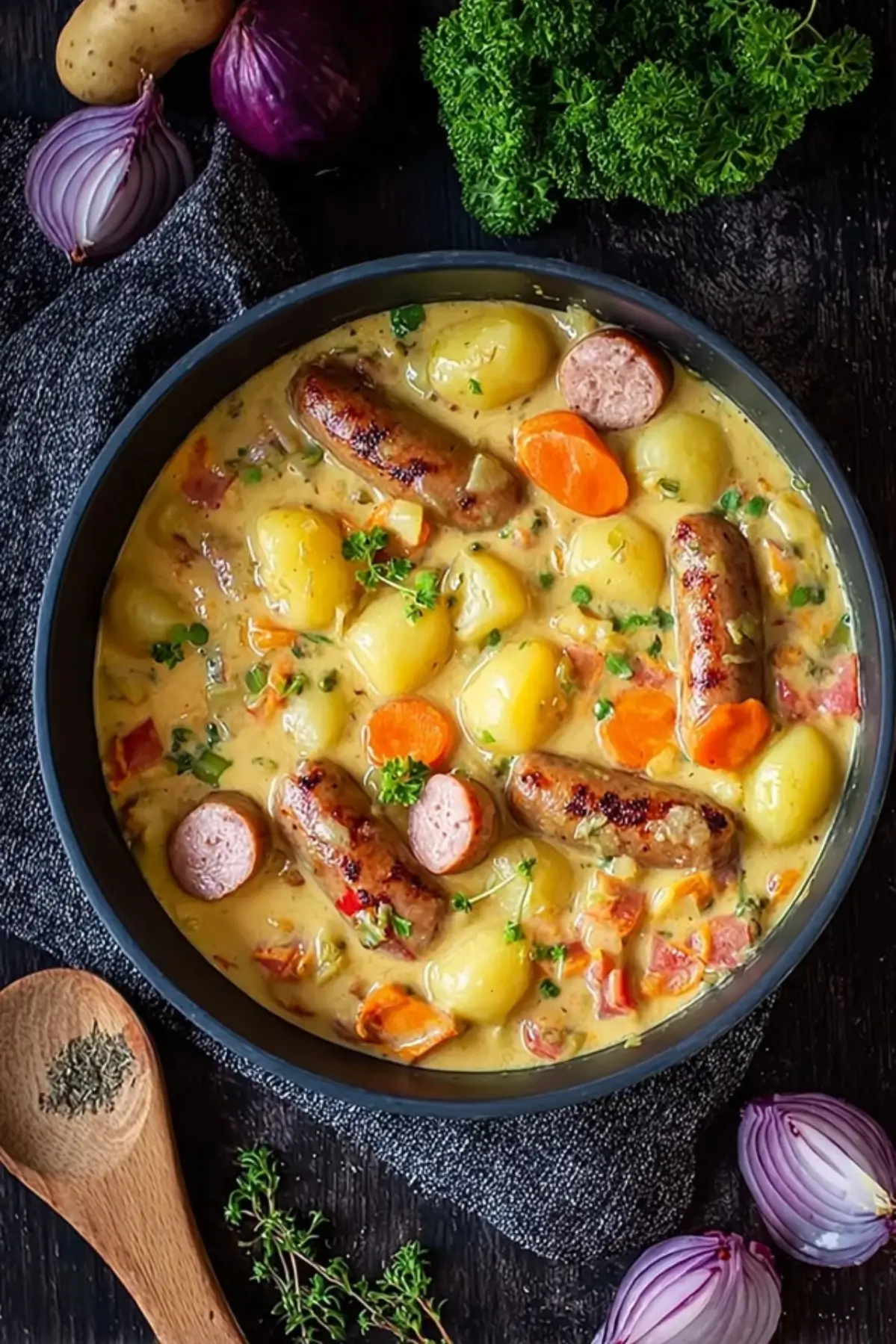 Eintopf mit Kartoffeln und Würstchen