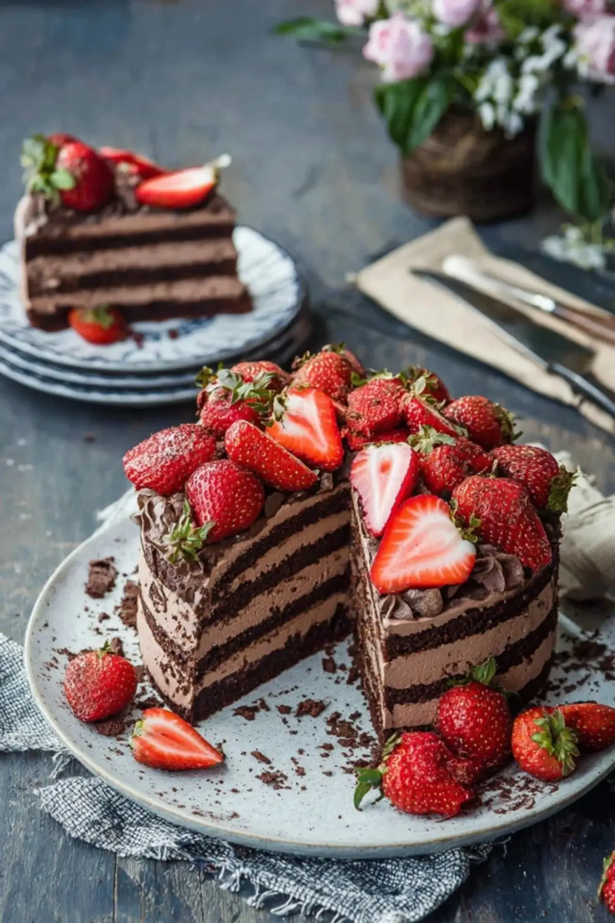 Schokomousse Torte mit Erdbeeren