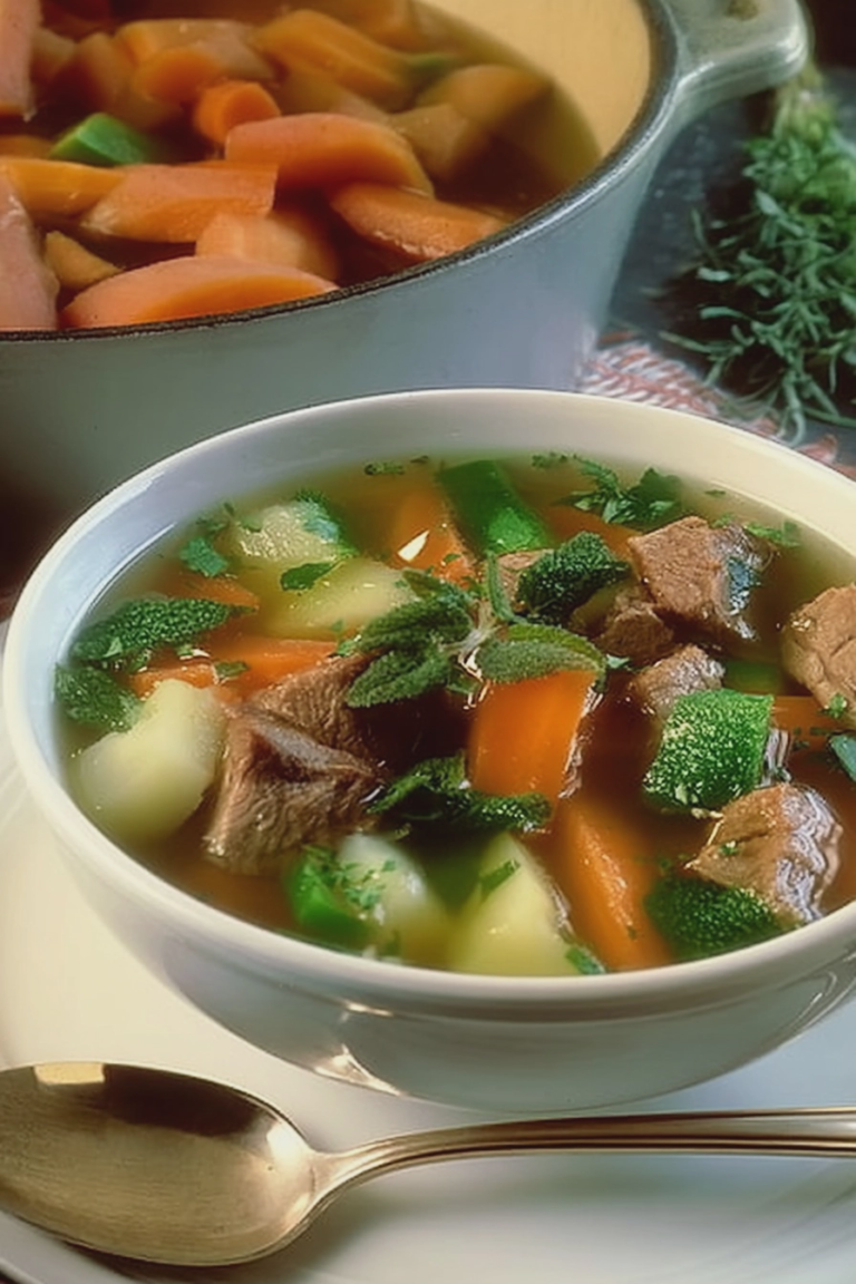 Gemüsesuppe mit Suppenfleisch in einer weißen Schüssel, dekoriert mit Petersilie und umgeben von frischen Zutaten.
