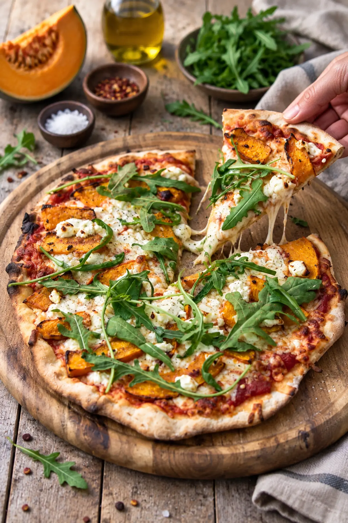 Pizza mit Kürbis, Feta und Rucola